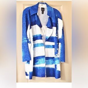 Chico's Travelers Collection Textured Cardigan in Blue White and Gray